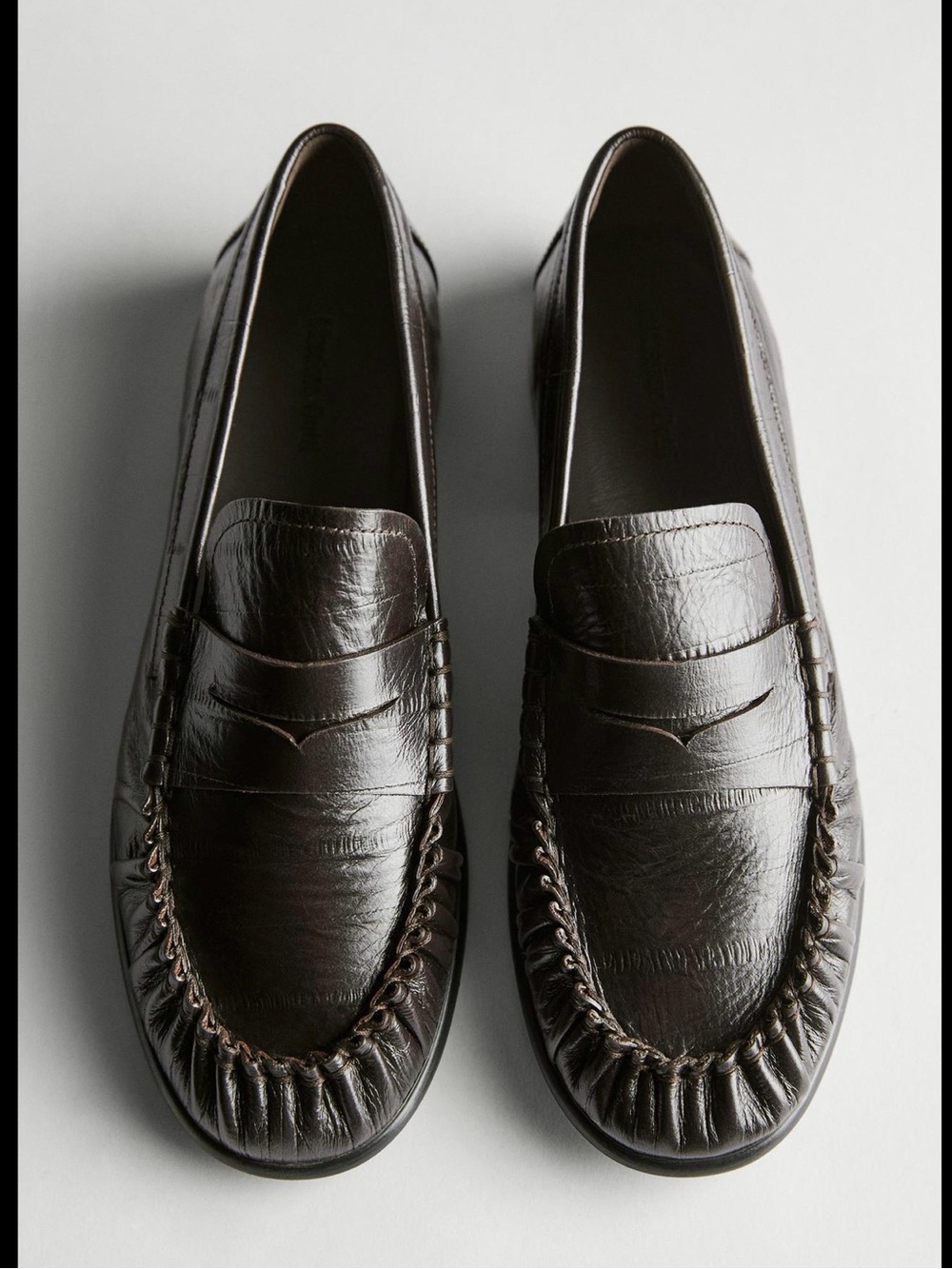 Massimo dutti Women Embossed Leather Loafers in Dark Brown